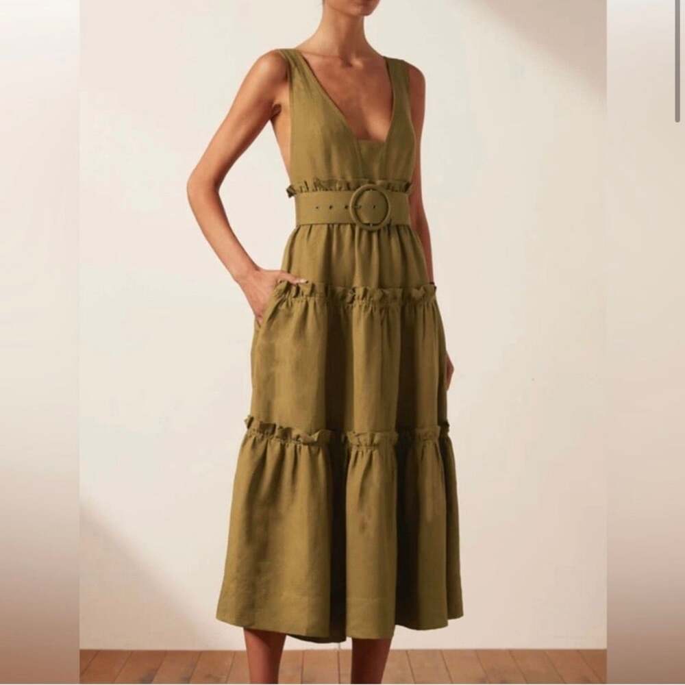 Shona Joy Rubi Tiered Midi Dress US 8 Olive Green Linen Blend Neutral Boho